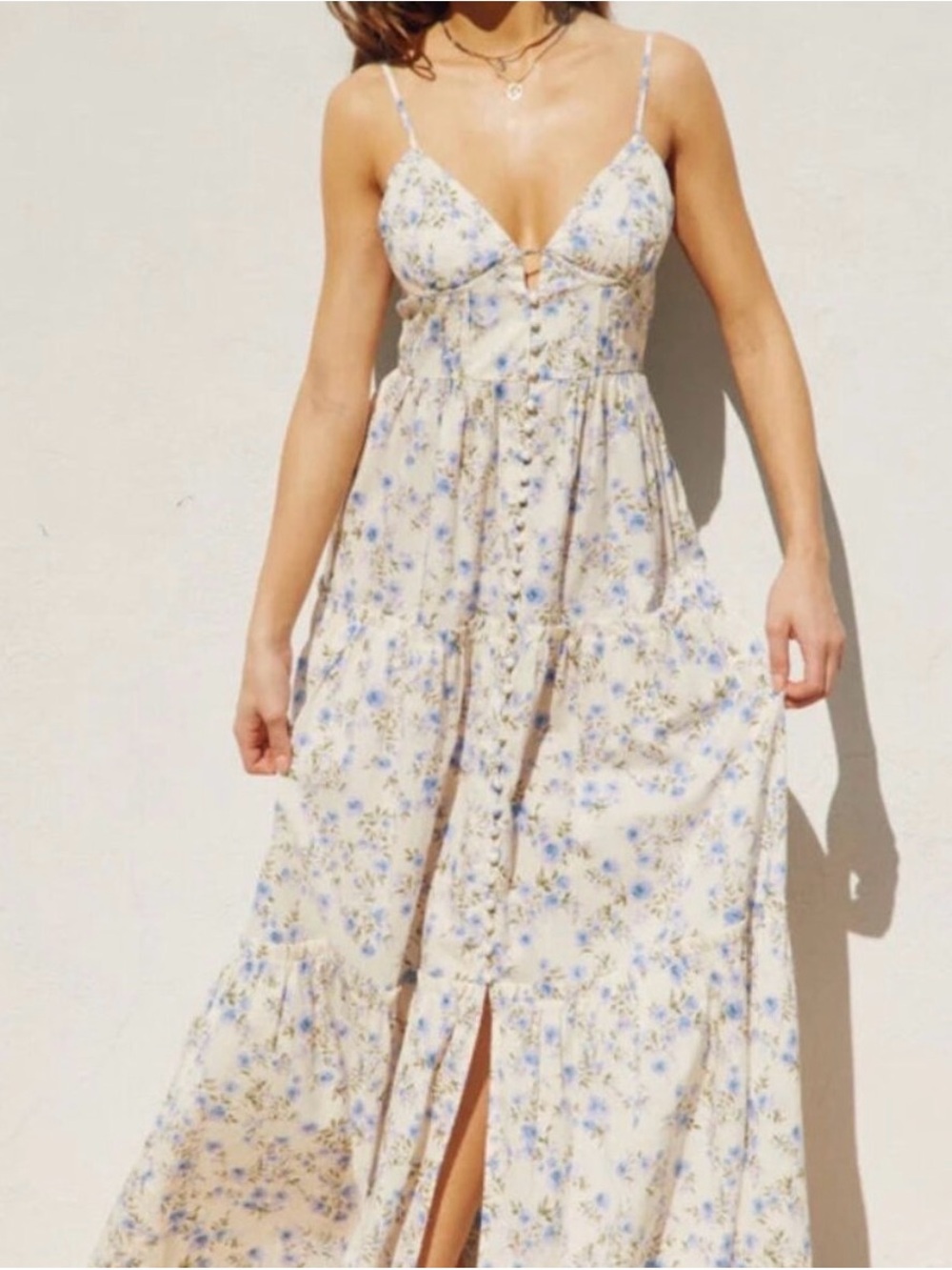 Dress Forum Floral Spaghetti-Strap Maxi Dress in Cream and Blue